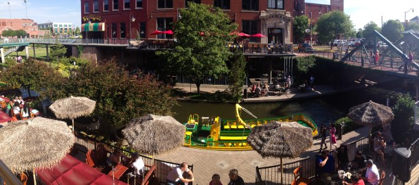 A panoramic of the downtown Oklahoma City canals, AKA Bricktown.