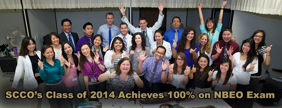 Members of SCCO's Class of 2014 gather for a photo, during a recent lab class, to acknowledge the 100 percent pass rate on the NBEO Exam, Part II by their entire class. They are joined by: Dr. Stanley Woo, Dean of SCCO (back row, left), Dr. Mark Sawamura (back row, second from right), Dr. Judy Tong (third row, right), and Dr. Harue Marsden (seated, front row, left).